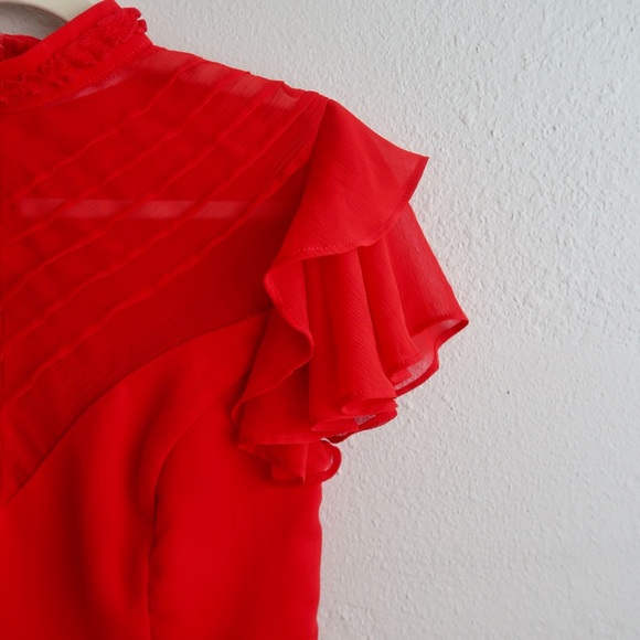 Saints + Secrets Red Ruffle Mini Dress High Neck Flutter Sleeve - Picture 8 of 16